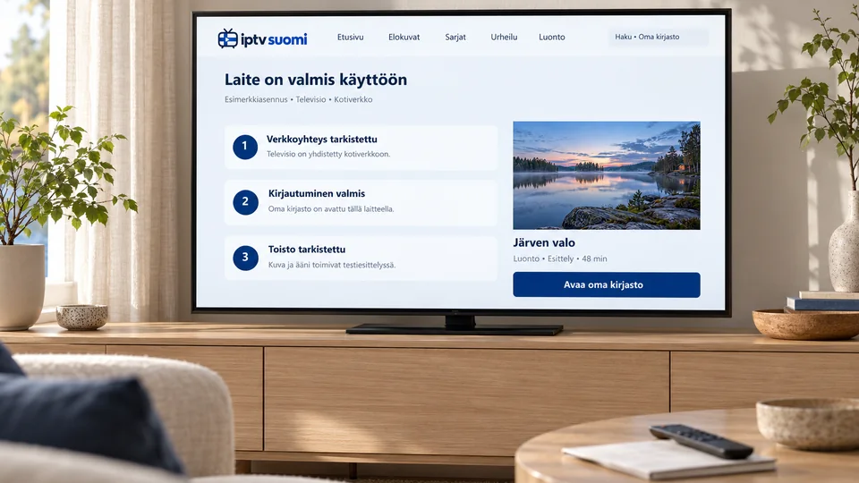 Television ruudulla näkyy vaiheittainen asennuksen tarkistuslista.