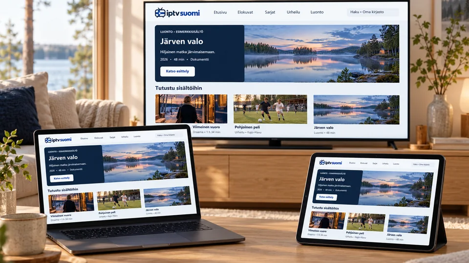 Kuvitteellinen sisältökirjasto television, kannettavan tietokoneen ja tabletin ruuduilla.