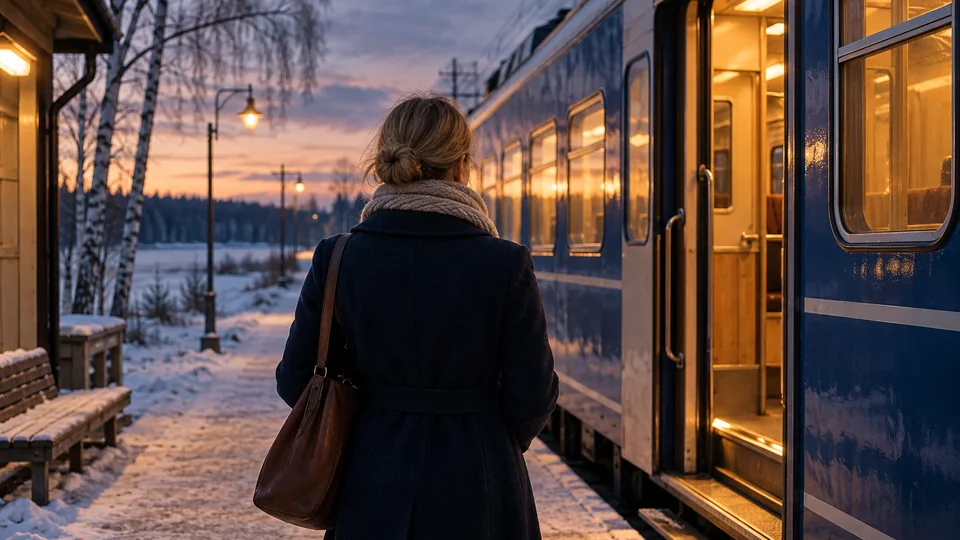 Kuvitteellisen draaman kohtaus: nainen odottaa iltajunaa talvisella asemalla.