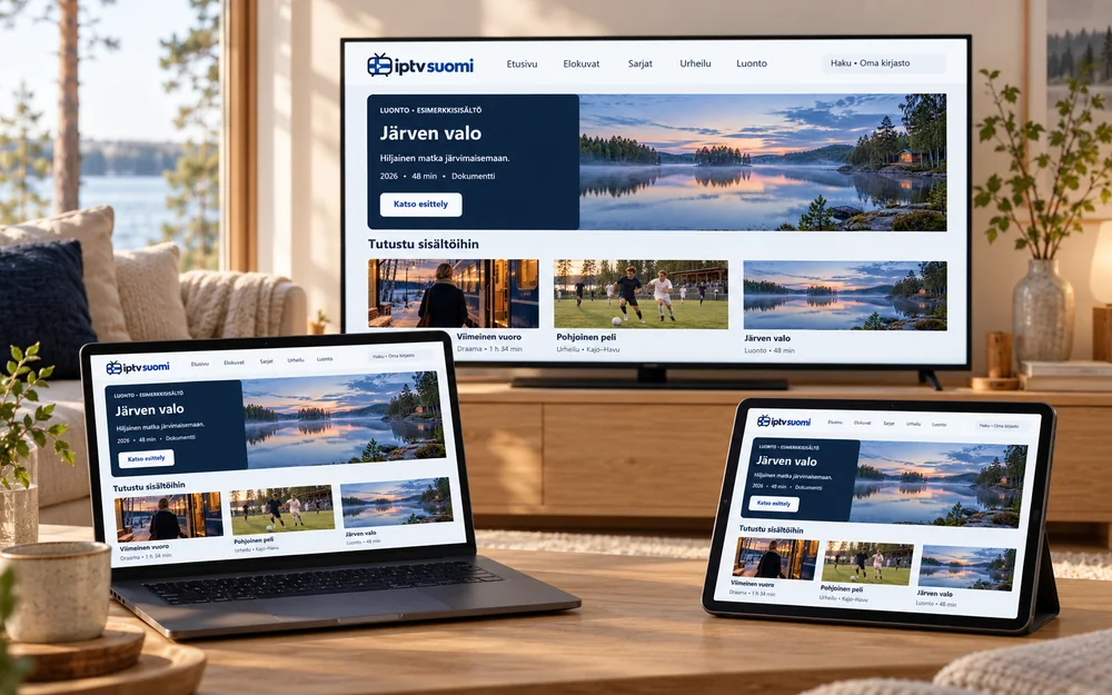 Televisio, kannettava tietokone ja tabletti näyttävät samaa kuvitteellista sisältökirjastoa.