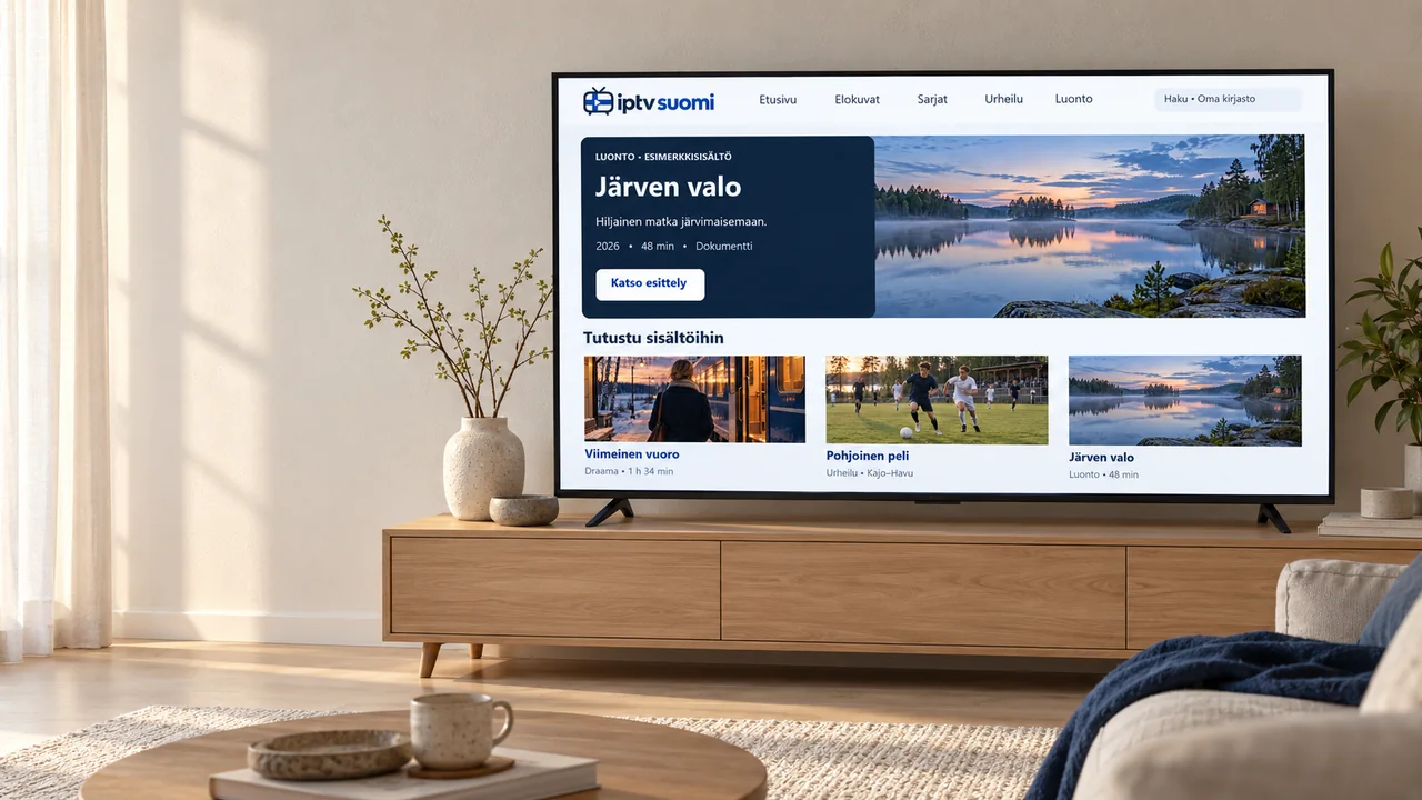 IPTV Suomi -sovelluksen esimerkkikirjasto television ruudulla valoisassa suomalaisessa olohuoneessa.