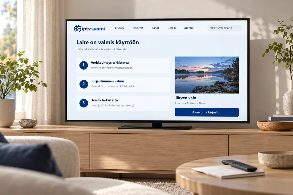 Television asennusnäkymä näyttää verkkoyhteyden, kirjautumisen ja toiston tarkistuksen.