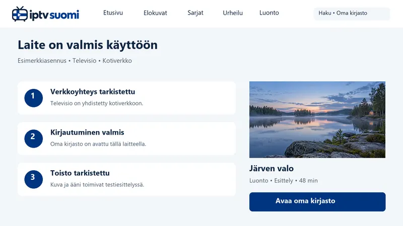 Esimerkkinäkymä asennuksen tarkistuslistasta: verkkoyhteys, kirjautuminen ja toisto tarkistettu.