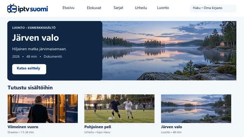 Esimerkkinäkymä IPTV Suomi -sovelluksen sisältökirjastosta: luonto, draama ja urheilu.